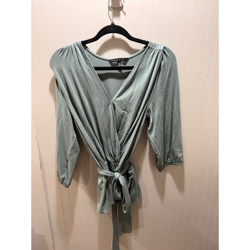 Lauren Ralph Lauren Womens Petite Sage Green Surplice Wrap Tie Waist Blouse PM